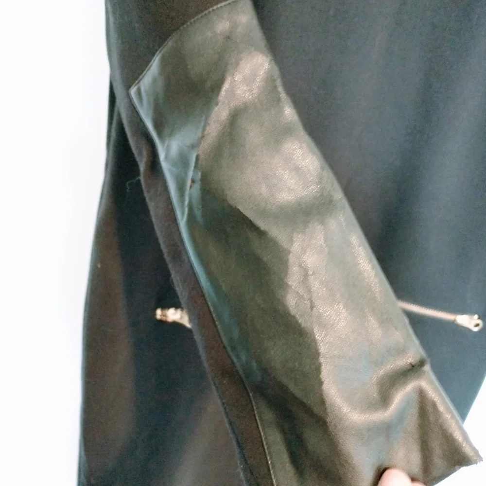 J Crew shift black dress with gold zipper detailing. Size 8, leather elbow patch